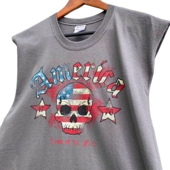 Men’s America Land Of The Free Skull Muscle T-Shirt - Picture 2 of 7